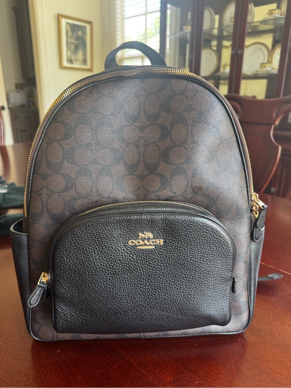 Large Coach Brown Monogram Canvas Backpack with Black Leather Pocket